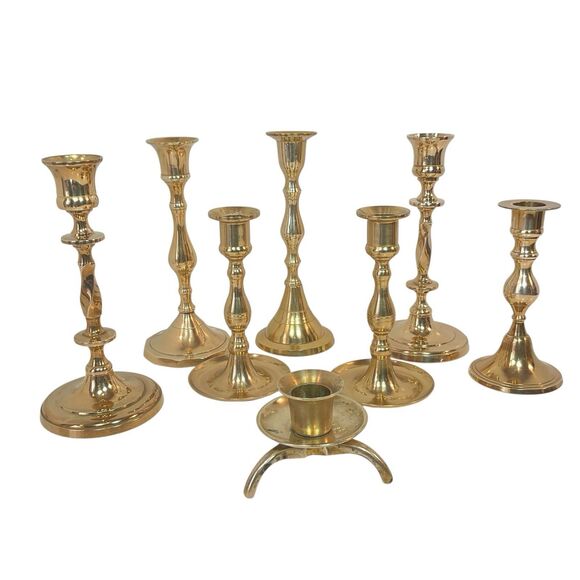 Mixed Lot of 8 Vintage Brass Candlesticks Holders Sz 2” - 7” Wedding Christmas - Picture 1 of 15